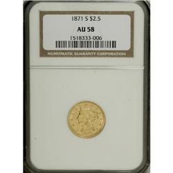 1871-S $2 1/2 AU58 NGC. Substantial luster illuminates