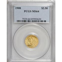 1908 $2 1/2 MS64 PCGS. Bright luster emanates from bra