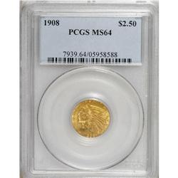 1908 $2 1/2 MS64 PCGS. Lemon-gold and aqua-green embra