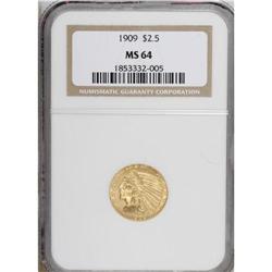1909 $2 1/2 MS64 NGC. Bright, brassy-gold surfaces yie