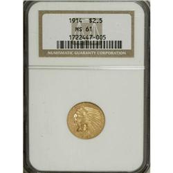 1914 $2 1/2 MS61 NGC. A luminous orange-gold represent