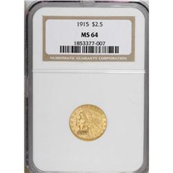 1915 $2 1/2 MS64 NGC. Soft luster adheres to peach-gol