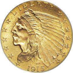 1915 $2 1/2 MS65 PCGS. This lovely Gem quarter eagle d