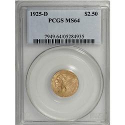 1925-D $2 1/2 MS64 PCGS. Apricot-gold surfaces reveal