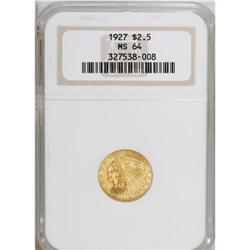 1927 $2 1/2 MS64 NGC. Lustrous peach-gold surfaces dis