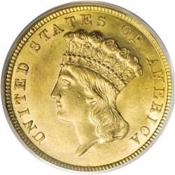 1854 $3 MS62 PCGS. This is the first year that three d