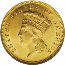 1868 $3 MS62 Prooflike NGC. Reflective prooflike field