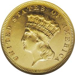 1870 $3 MS62 Prooflike NGC. The peach-gold surfaces ar