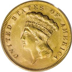 1878 $3 MS62 PCGS. Yellow-gold surfaces are imbued wit