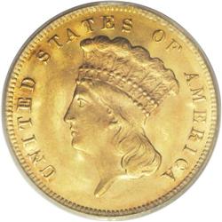 1878 $3 MS64 PCGS. A gently shimmering pumpkin-gold ty