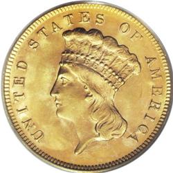 1878 $3 MS64 PCGS. The appealing golden-green surfaces