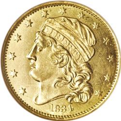 1834 $5 Capped Head, Crosslet 4 MS64 NGC. Ex: Freedom