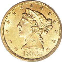 1852 $5 MS62 PCGS. This is a bright, frosty coin with