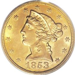 1853 $5 MS63 PCGS. Much like the 1852, the high mintag