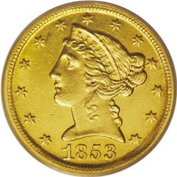 1853-D $5 Large D AU55 PCGS. Variety 29-V. The mintmar