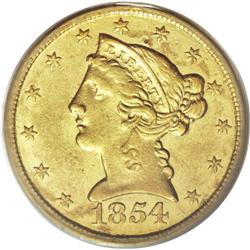 1854-C $5 Weak C AU55 PCGS. Variety 22-I. The faint mi