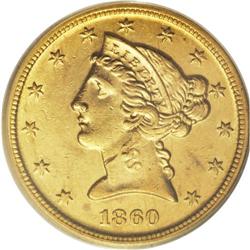 1860-D $5 Medium D AU58 PCGS. Variety 38-FF. The 1860-