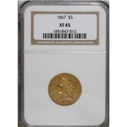 1867 $5 XF45 NGC. Semi-bright, honey-gold surfaces are