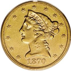 1870-S $5 XF45 PCGS. This Choice XF example is attract