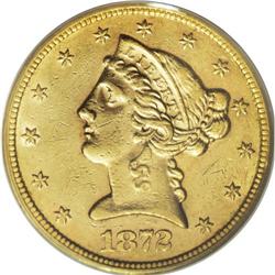 1872-S $5 AU55 PCGS. The 1872-S half eagle, with a min