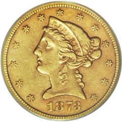 1873-S $5 AU50 PCGS. The 31,000-piece 1873-S five doll