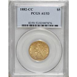 1882-CC $5 AU53 PCGS. Lustrous for the grade, particul