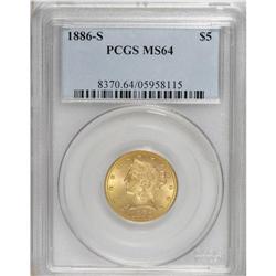 1886-S $5 MS64 PCGS. This sharply struck and handsome