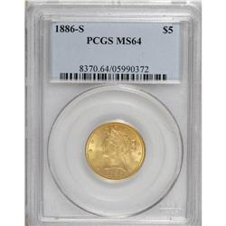 1886-S $5 MS64 PCGS. Glowing luster emanates from stra