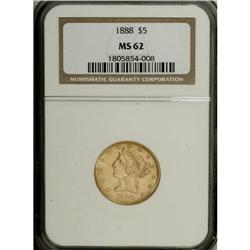 1888 $5 MS62 NGC. The straw-gold of the obverse yields