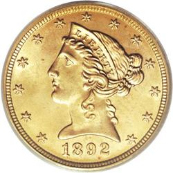 1892 $5 MS66 PCGS. The 1892 half eagle, with a mintage