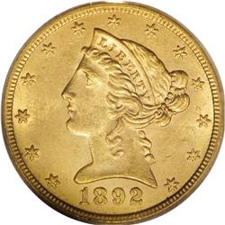 1892-CC $5 MS62 PCGS. A satiny and sharply struck piec
