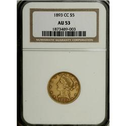 1893-CC $5 AU53 NGC. The glowing orange-gold surfaces