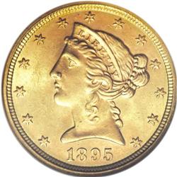 1895 $5 MS65 NGC. A satiny apricot-gold representative