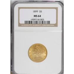 1899 $5 MS64 NGC. Silky luster sweeps this charming ap