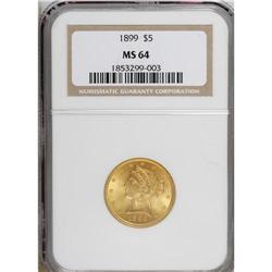 1899 $5 MS64 NGC. Flashy honey-gold luster enlivens bo