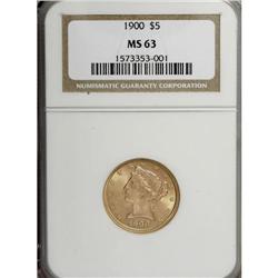 1900 $5 MS63 NGC. Peach-gold and pale orange colors en