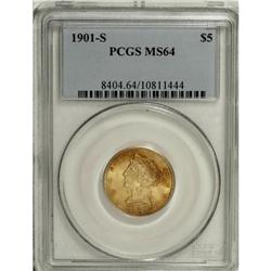 1901-S $5 MS64 PCGS. Warm yellow-gold with splashes of
