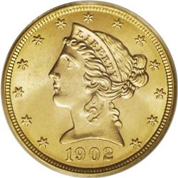 1902 $5 MS65 PCGS. The 1902 half eagle, with a busines