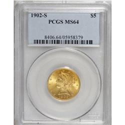 1902-S $5 MS64 PCGS. This lustrous and boldly struck n