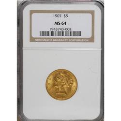 1907 $5 MS64 NGC. A lustrous and impressively clean ye