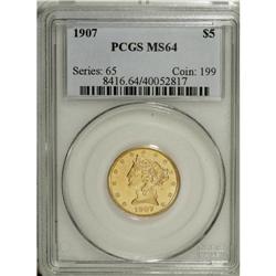 1907 $5 MS64 NGC. A semi-prooflike example whose radia