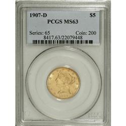 1907-D $5 MS63 PCGS. Bright, brassy-gold surfaces disp