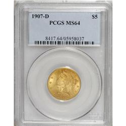 1907-D $5 MS64 PCGS. This lustrous gold type coin has