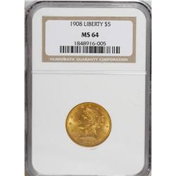 1908 $5 MS64 NGC. This boldly struck near-Gem has vivi
