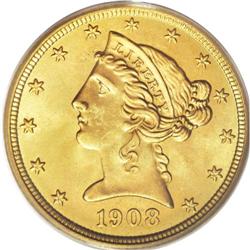 1908 $5 MS66 PCGS. This is the final issue of the Libe