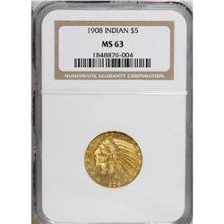 1908 $5 MS63 NGC. A Select and lustrous yellow-orange