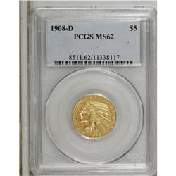 1908-D $5 MS62 PCGS. Bright peach-gold surfaces reveal