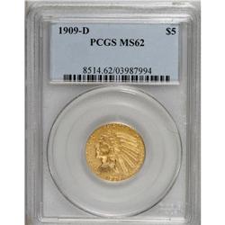 1909-D $5 MS62 PCGS. This satiny Indian five has a sur