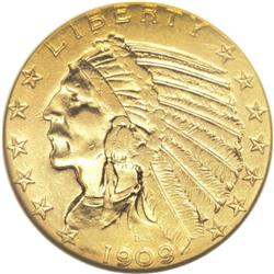 1909-O $5 AU55 NGC. The 1909-O half eagle, with a 34,2