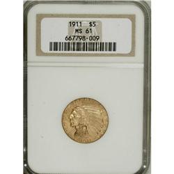 1911 $5 MS61 NGC. A luminous and softly struck represe